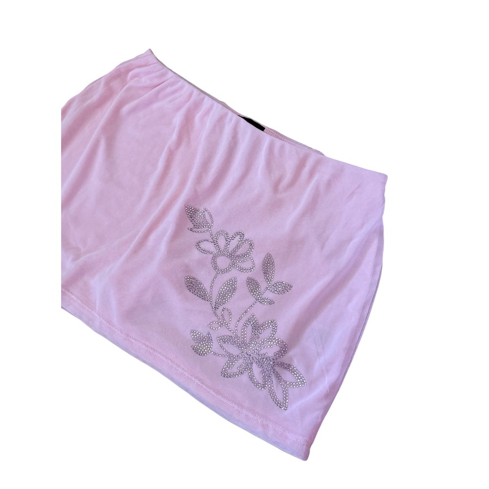 Y2K 2000s style Derek Heart Pink Mesh Rhinestone‎ Floral Mini Skirt with shorts